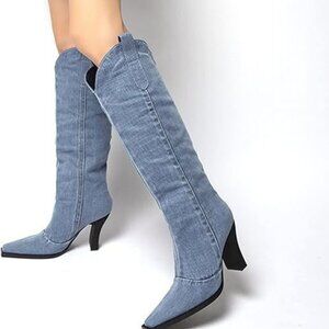 NEW! Women's Knee High Denim Cowboy Boots Western Boots w/Pull On Tabs